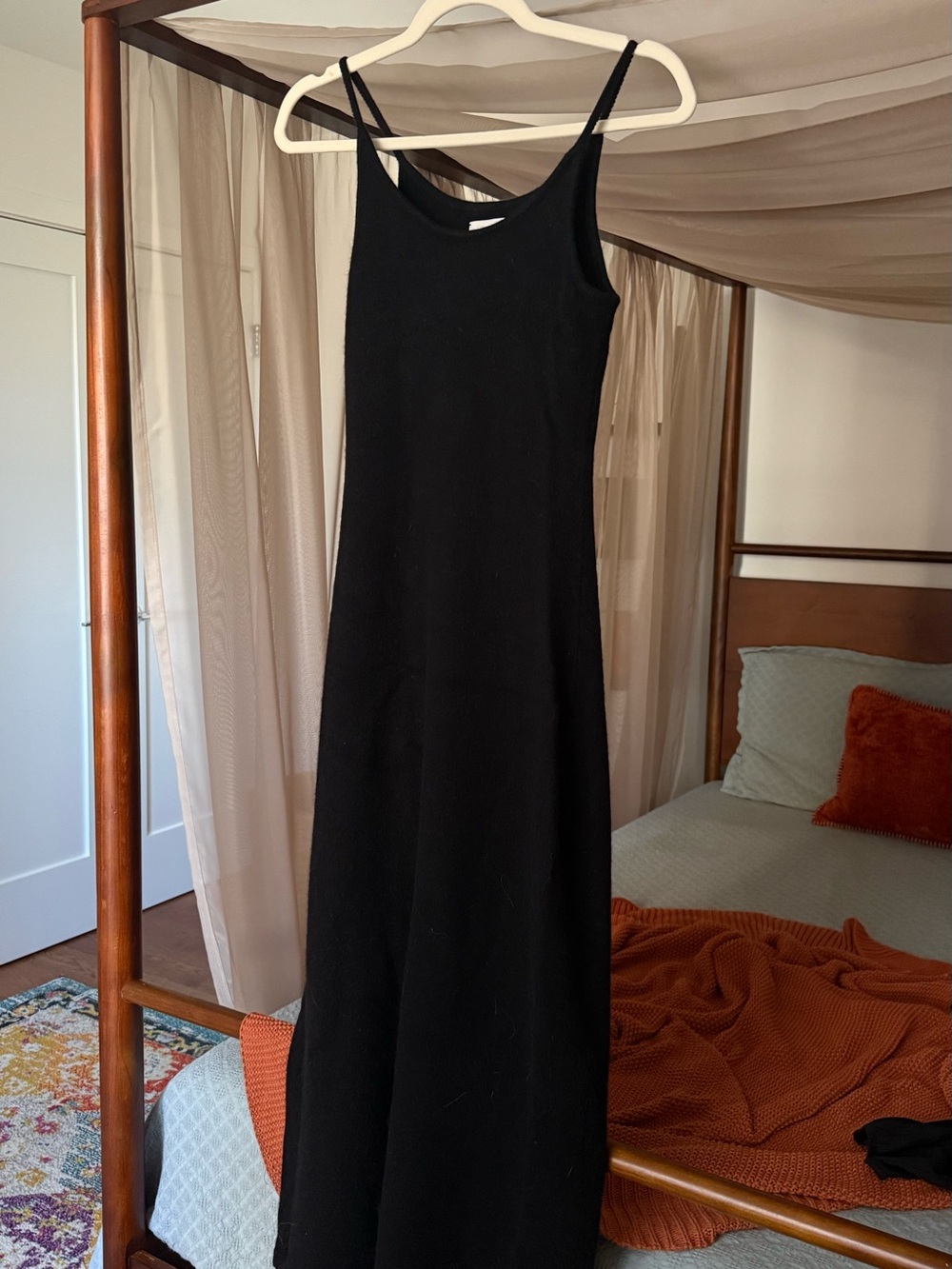Barbara Black Wool Midi Slip Dress with Double Spaghetti Strapsu